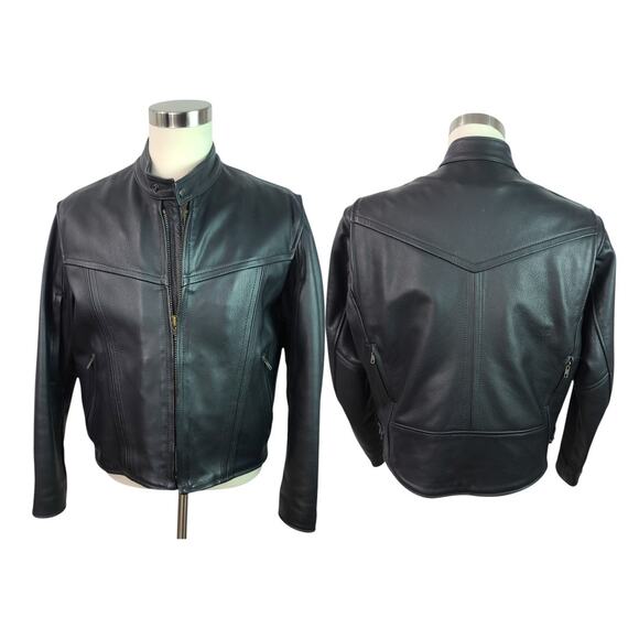 US Made Co Black Leather with Zip Out Quilted Liner Vintage Jacket Coat MOTO M L - Picture 1 of 7